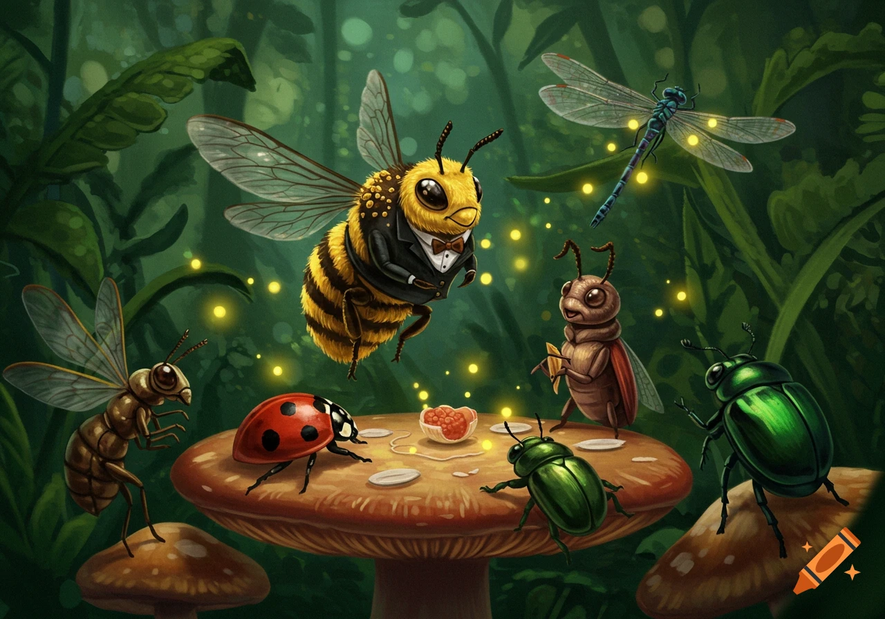 Whimsical illustration of various insects, including a tuxedo-clad bee, a ladybug, beetles, and a dragonfly, gathered around a mushroom table in a magical forest.