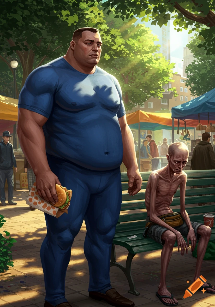 A muscular man eating a burger stands near an emaciated man crying on a park bench in an outdoor market, illustration.