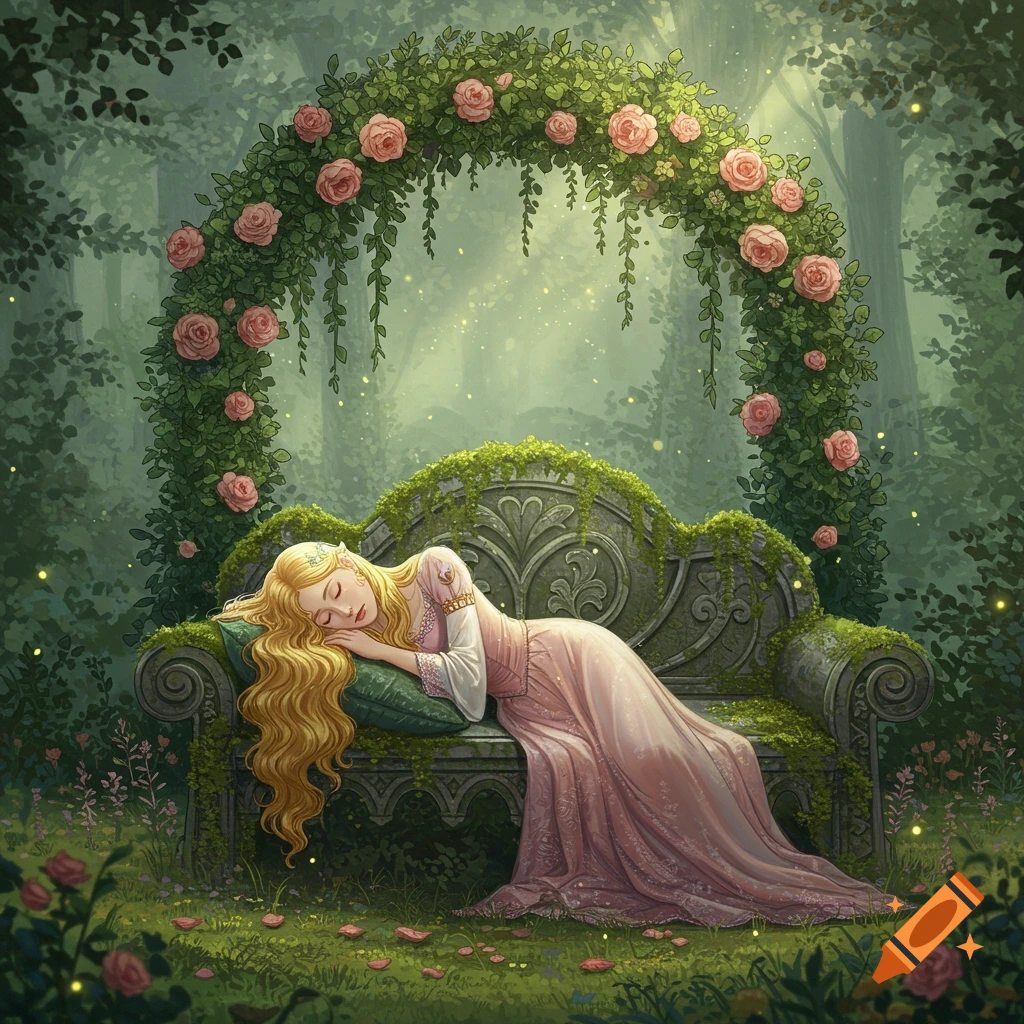 A blonde woman in a pink dress sleeps on a mossy stone bench under a blooming rose arch in a magical forest, with glowing fireflies.