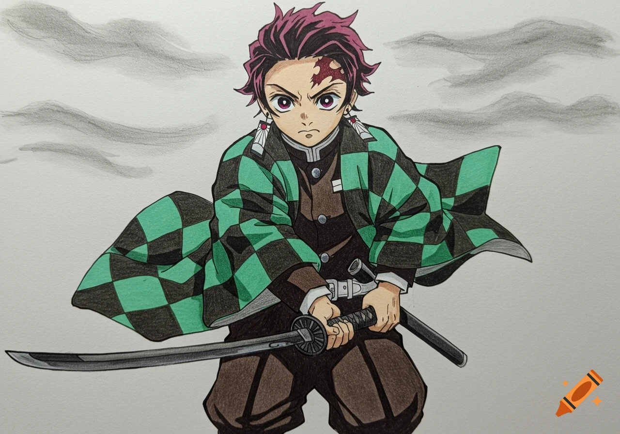 Anime character Tanjiro Kamado in a green and black checkered haori, holding a katana, in a colored pencil drawing.
