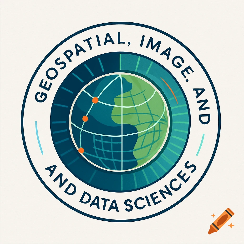 Circular logo featuring a stylized green and blue globe surrounded by the text 'Geospatial, Image. And And Data Sciences'.
