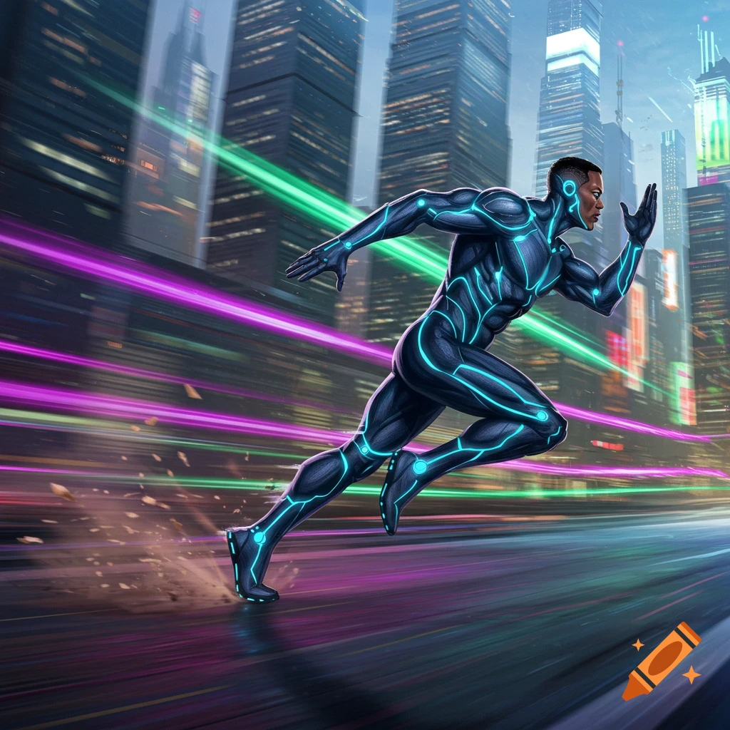 A man in a black and blue glowing futuristic suit runs at super speed through a cyberpunk city with light trails.