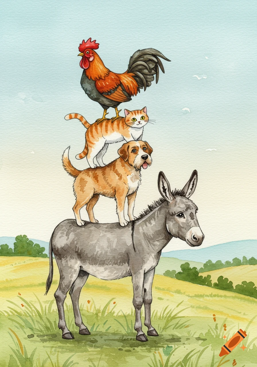 Watercolor illustration of a donkey, dog, cat, and rooster stacked in a tower in a grassy field.