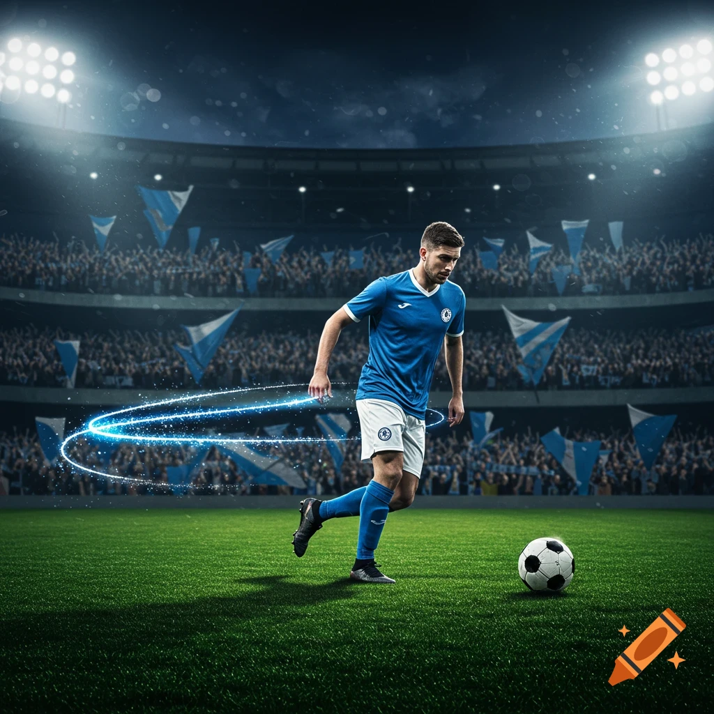 A male soccer player in a blue uniform runs on a green field in a stadium, with a glowing blue light trail.