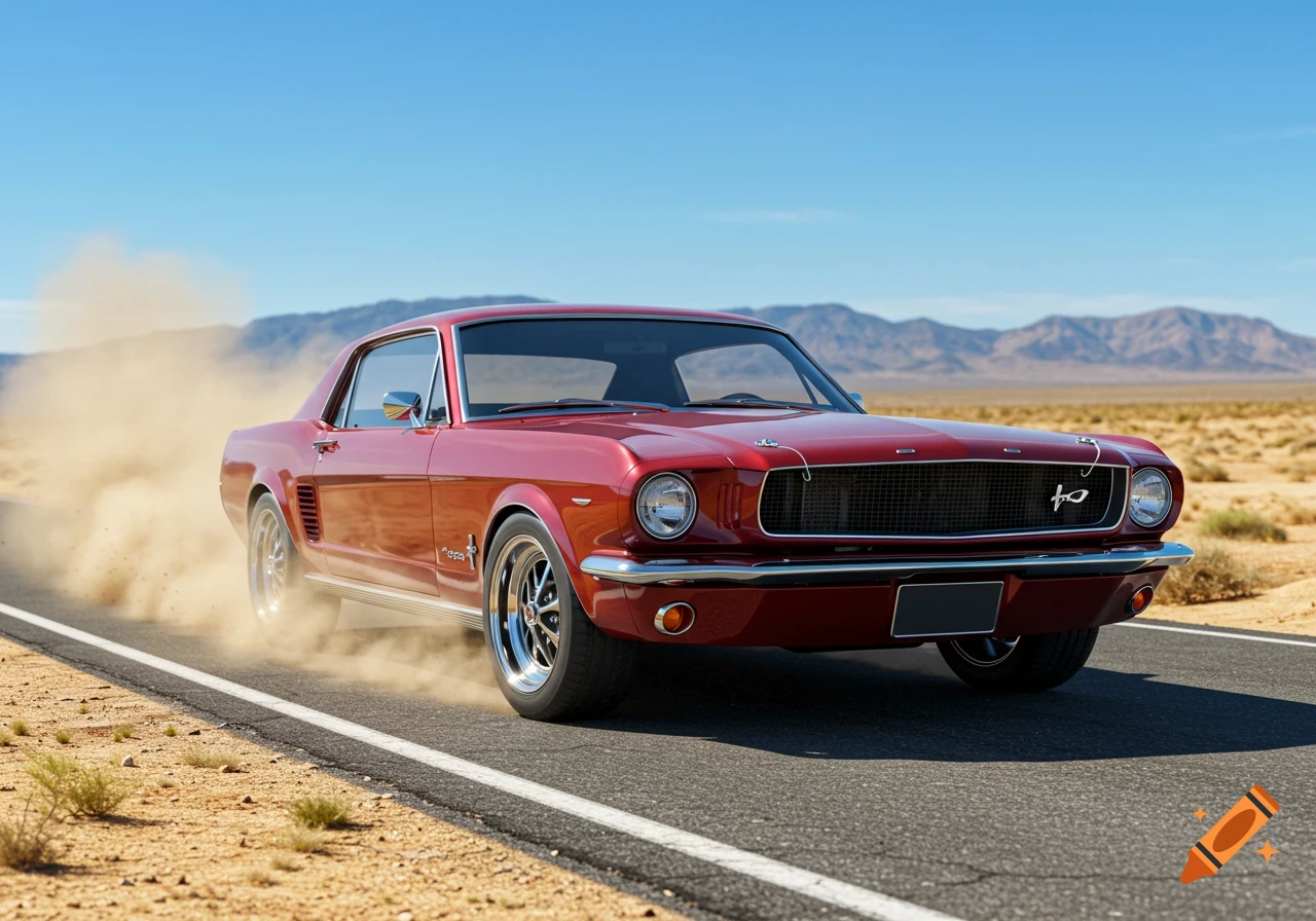 A shiny red vintage Ford Mustang drives on a desert road, kicking up dust under a clear blue sky.