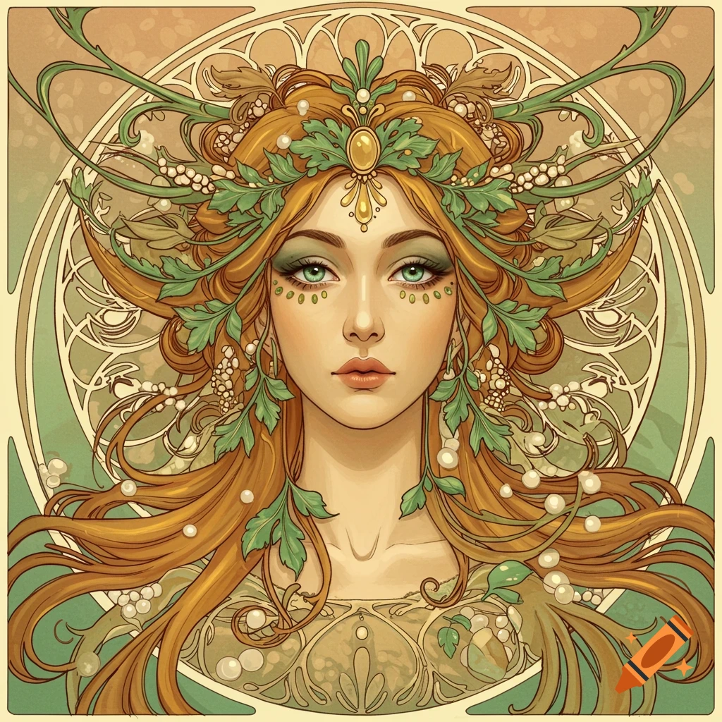 Art Nouveau portrait of a woman with long flowing hair, green leaves, and pearls, against an ornate background.