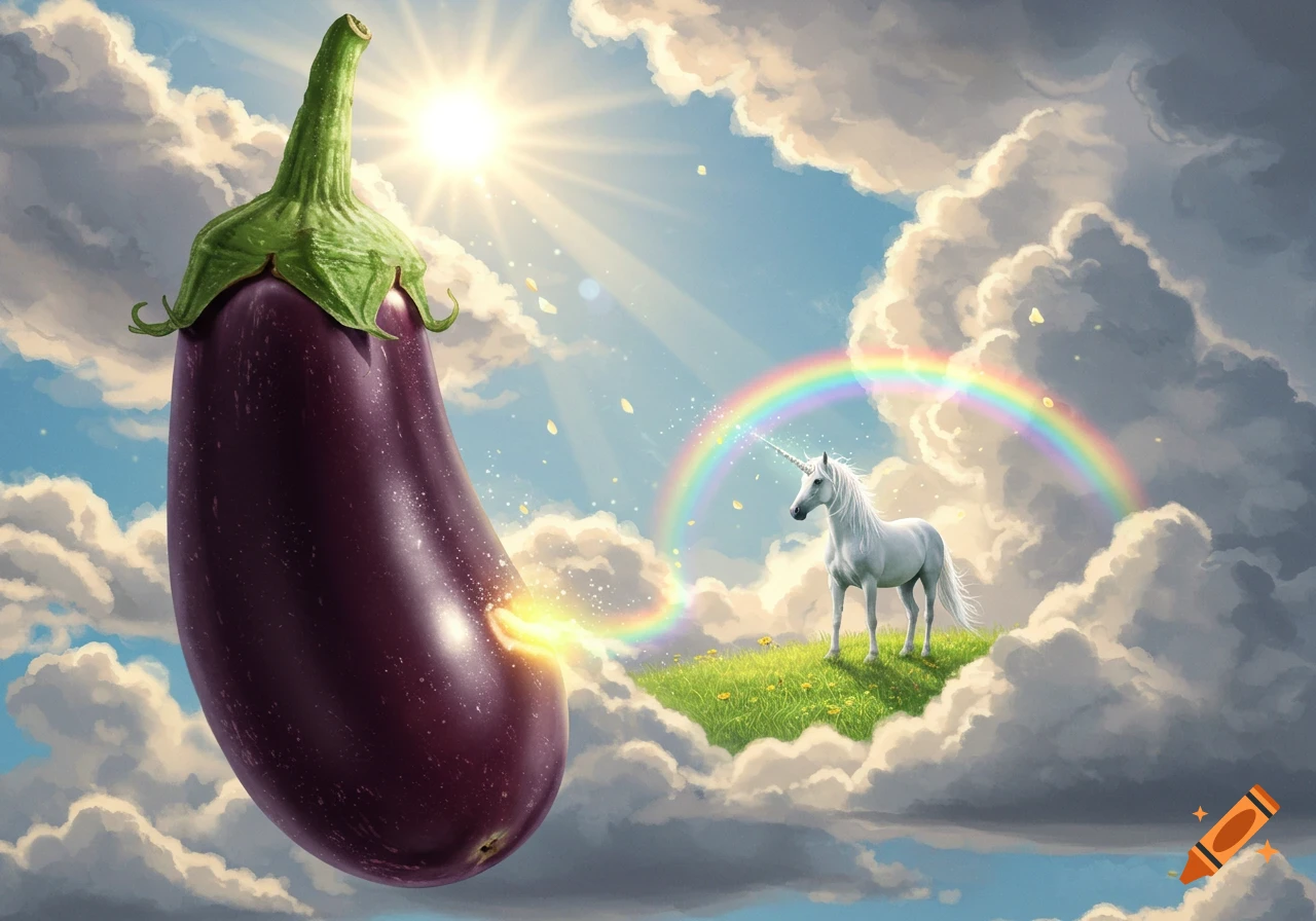 A giant, photorealistic eggplant floats in a bright sky, emitting a rainbow that arcs toward a white unicorn standing on a grassy cloud.