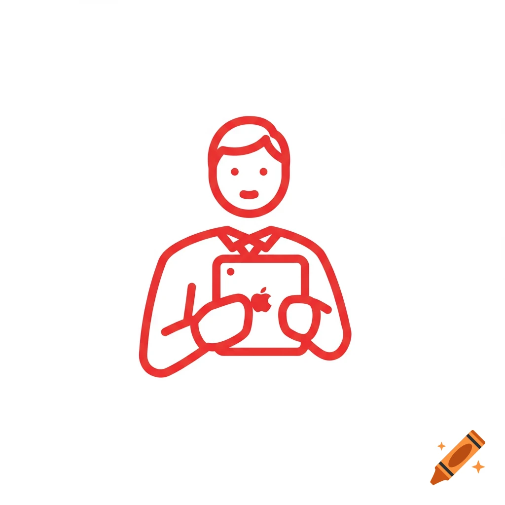 Red line art icon of a person holding an iPad.