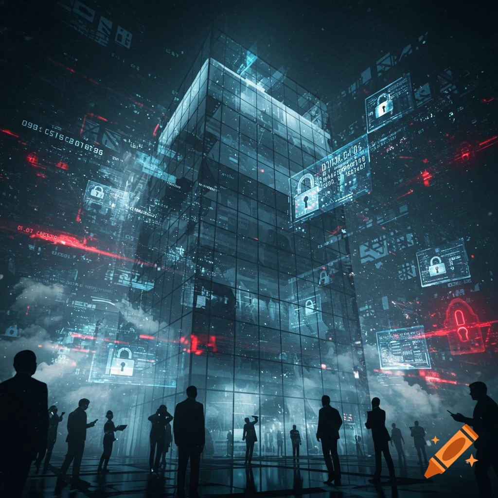 Silhouetted business people stand before a large glass building illuminated by digital code, red data streams, and padlock icons, symbolizing cybersecurity threats in a futuristic cityscape.