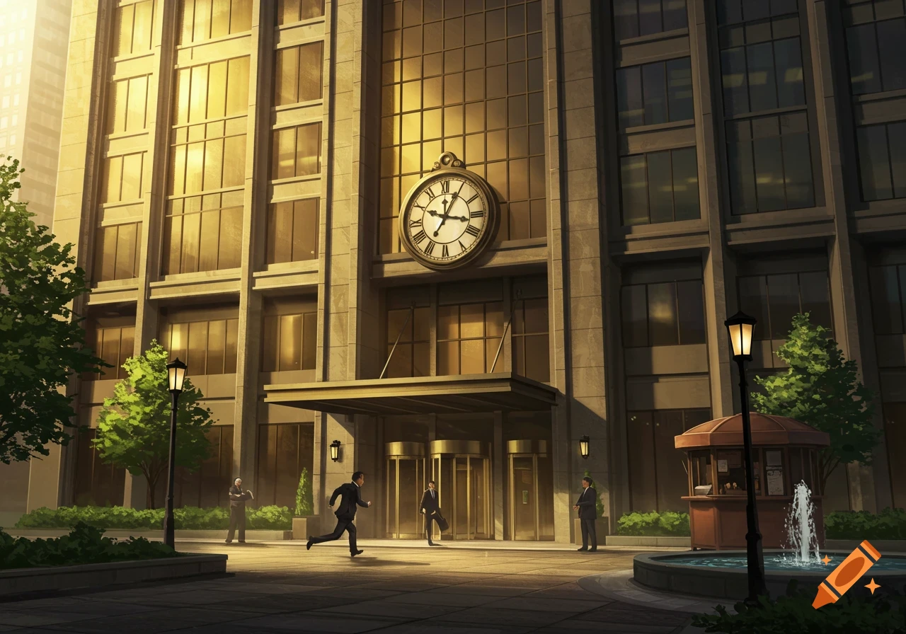 A large, modern office building with a clock showing 7:15 above its entrance, with a businessman running past a fountain in the foreground.