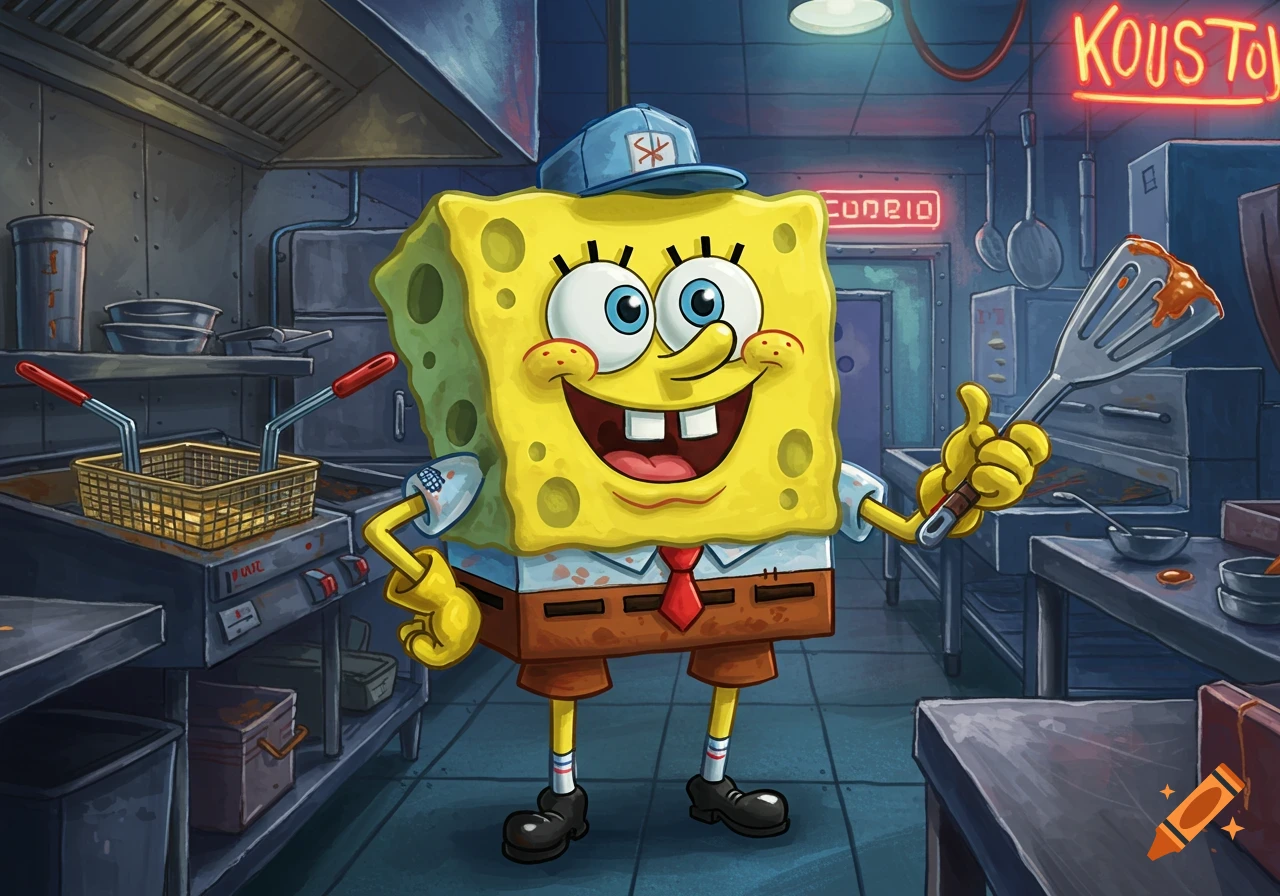 SpongeBob SquarePants, wearing a cap and tie, happily holds a spatula in a dark, gritty kitchen.