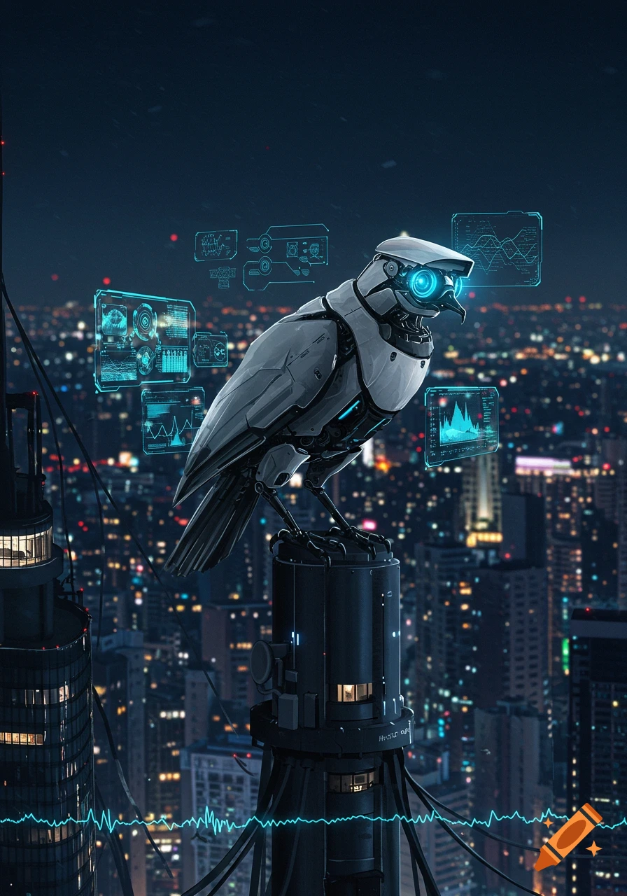 A robotic bird with glowing blue eyes perched on a futuristic tower overlooking a neon-lit city at night, with holographic displays.