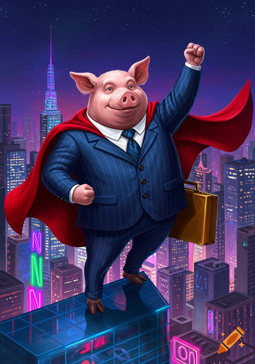 A cartoon pig in a blue pinstripe suit and red cape, holding a briefcase, standing on a city skyscraper at night, with one fist raised.
