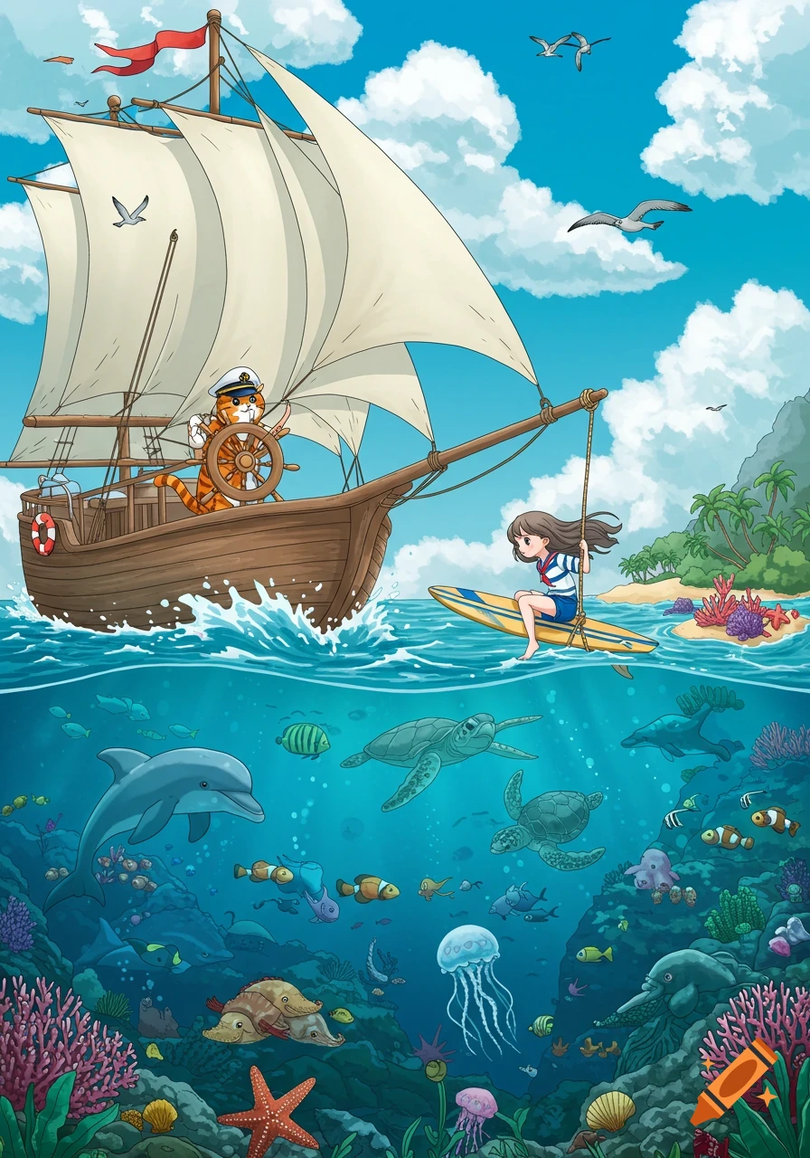 Cartoon illustration of a cat captain driving a sailboat while a girl swings on a surfboard. Below, marine life like dolphins and turtles swim in a vibrant coral reef.