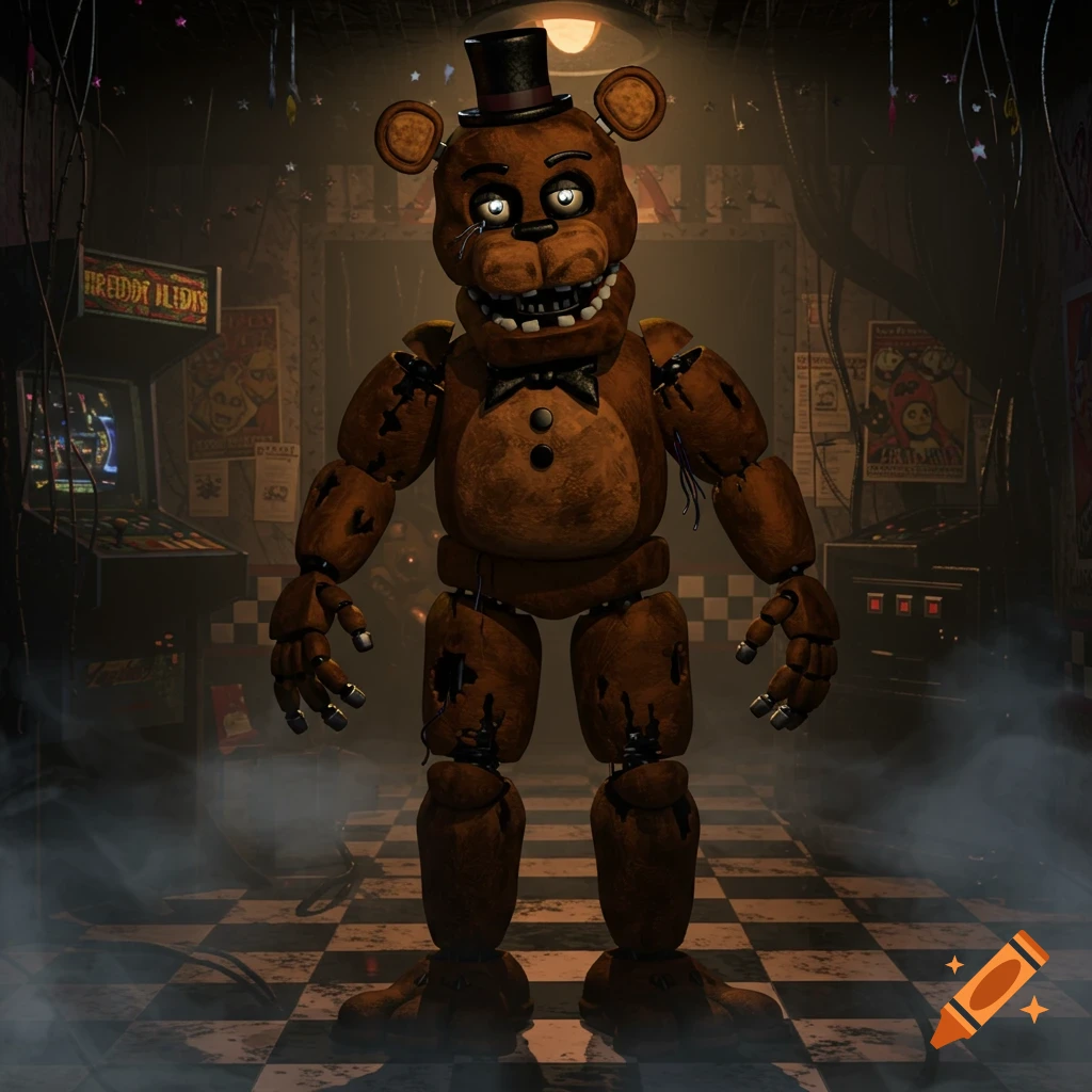 A brown animatronic bear in a top hat and bowtie stands in a dimly lit, smoky abandoned arcade with checkerboard floors, arcade machines, and posters.