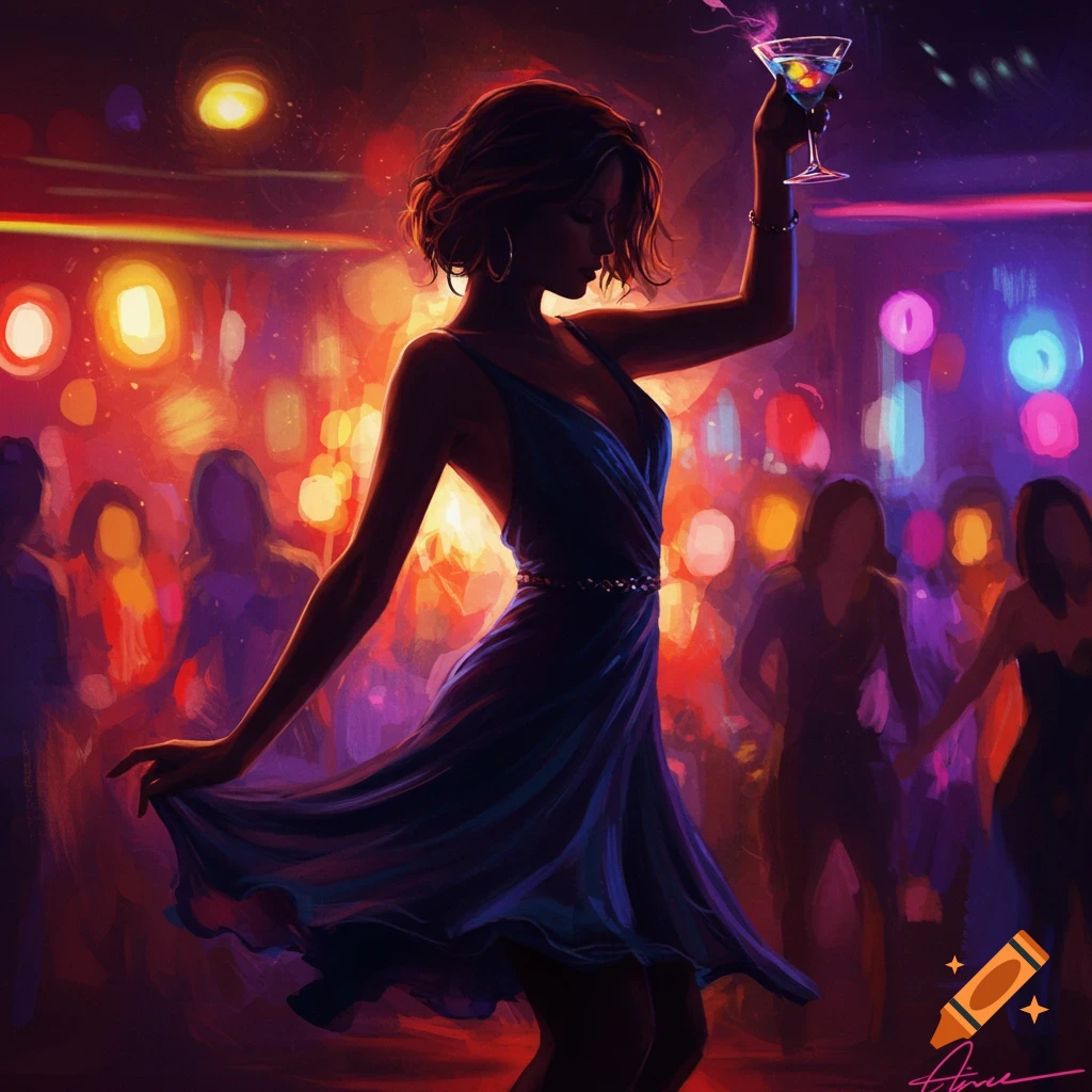 Chiaroscuro oil painting of a woman in a blue dress dancing with a cocktail in a vibrant, blurry nightclub.
