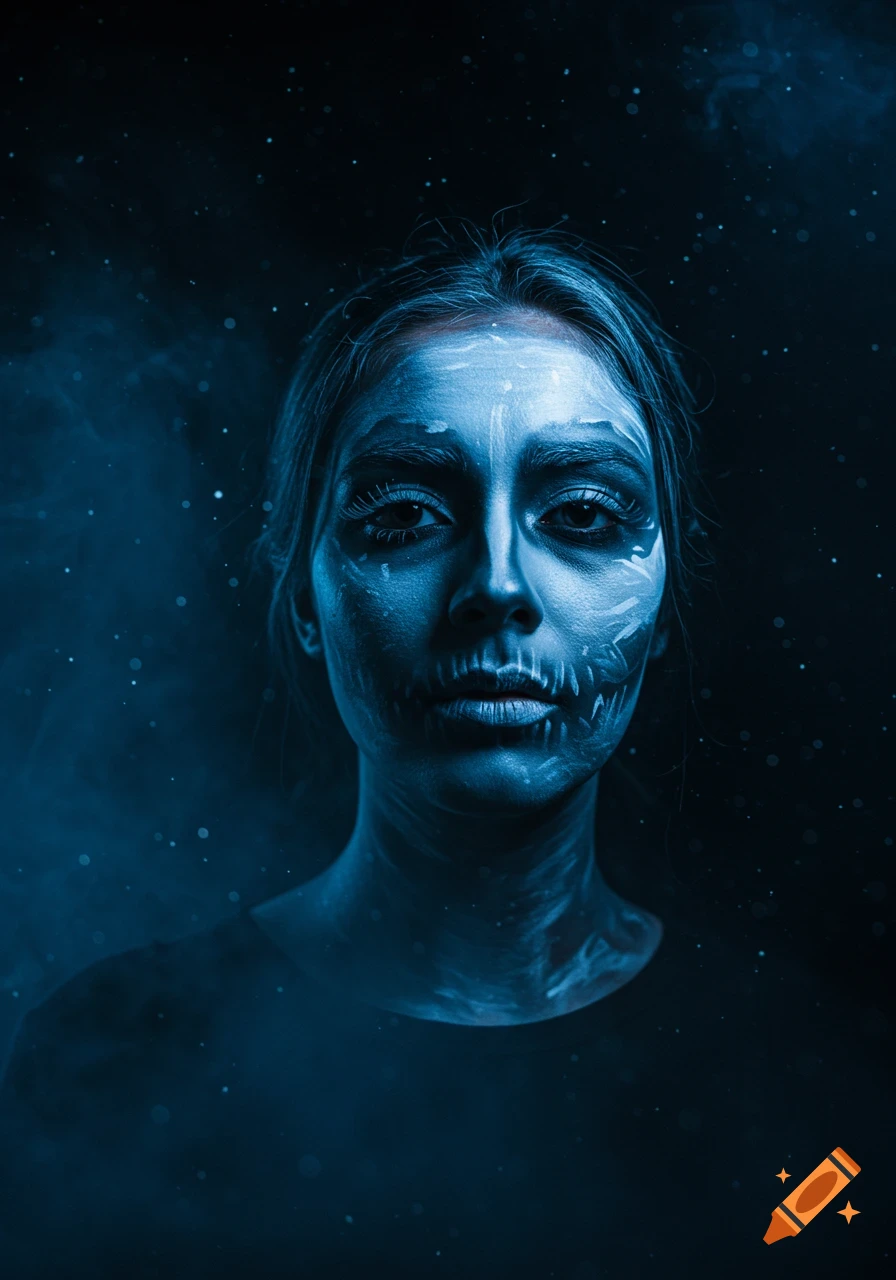 Close-up portrait of a woman with blue and white ghost Halloween makeup against a dark, dusty blue background.