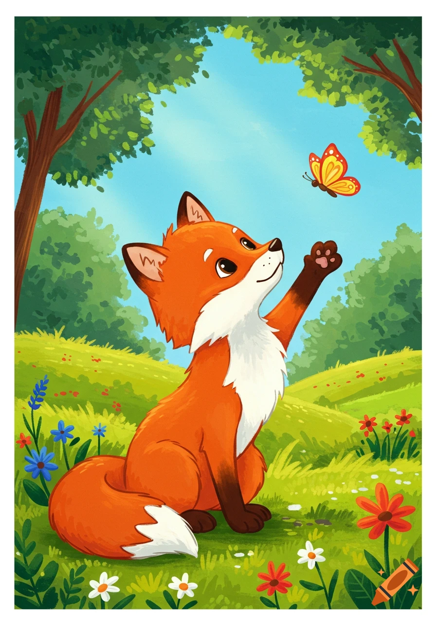 A cute cartoon fox reaches a paw towards a yellow butterfly in a colorful grassy field with trees and flowers under a blue sky.