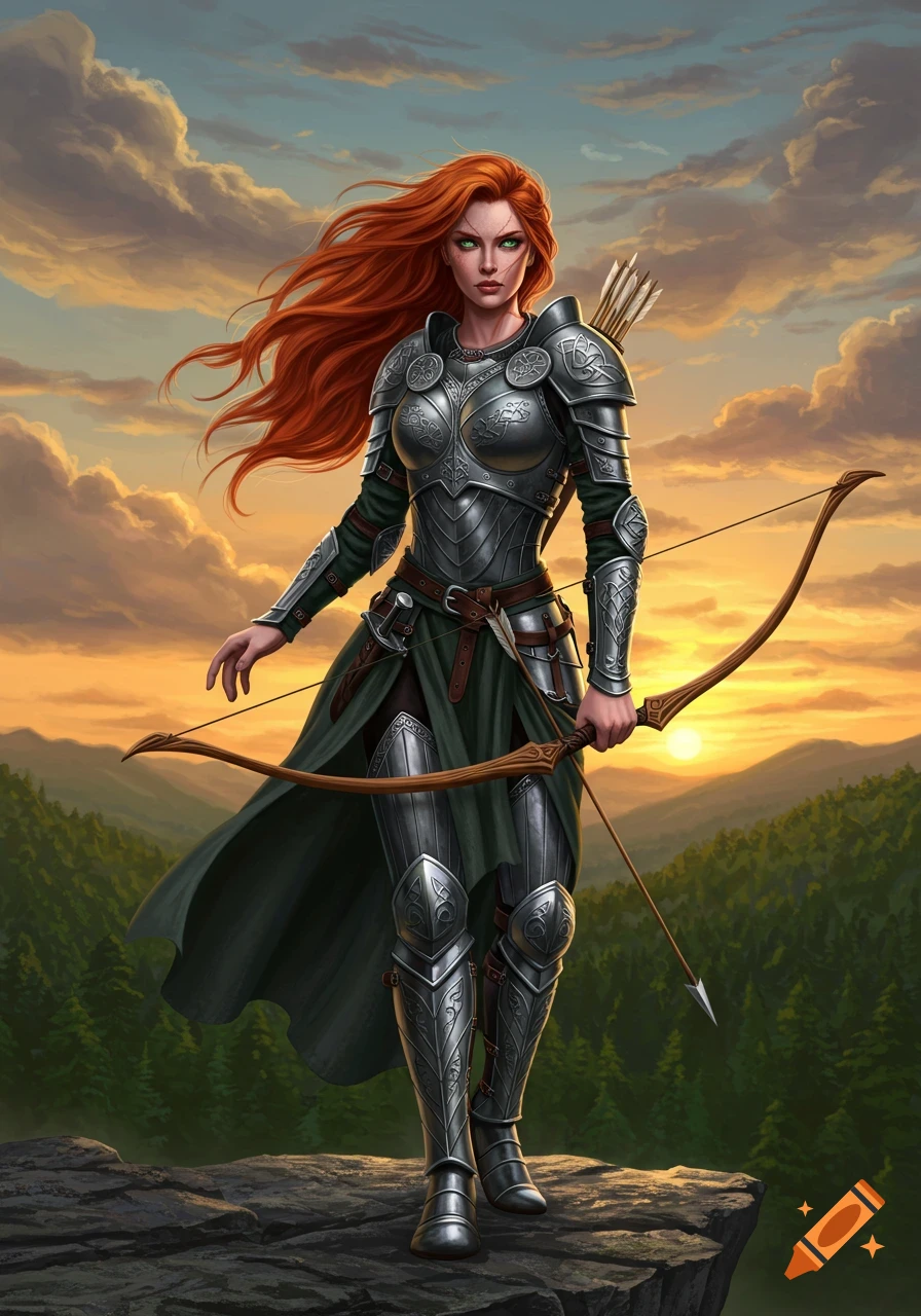 A red-haired female warrior in ornate armor holds a bow while standing on a cliff at sunset, overlooking a forest.