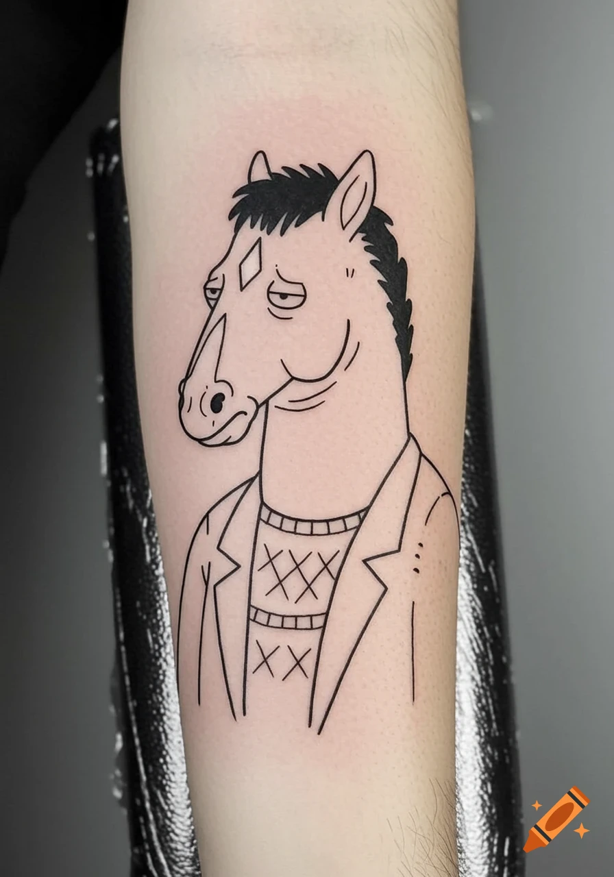 A clean line art tattoo of Bojack Horseman, depicting his head and upper body wearing a sweater and jacket, on a person's arm.