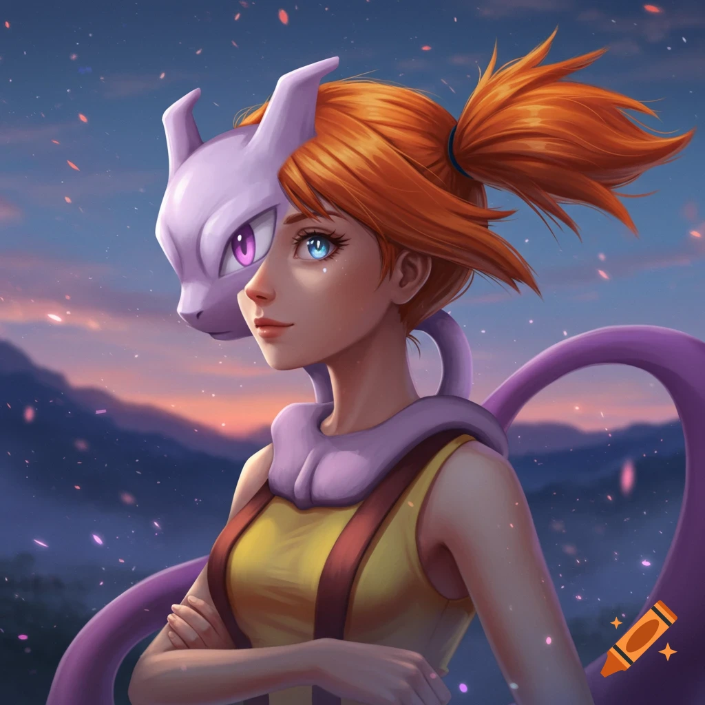 Misty from Pokémon with a Mewtwo face overlay, looking left against a sunset mountain landscape with sparkling effects.