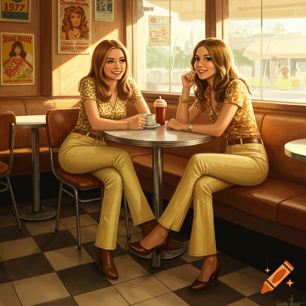 Two women in 1970s attire sit at a table in a brightly lit cafe, smiling.