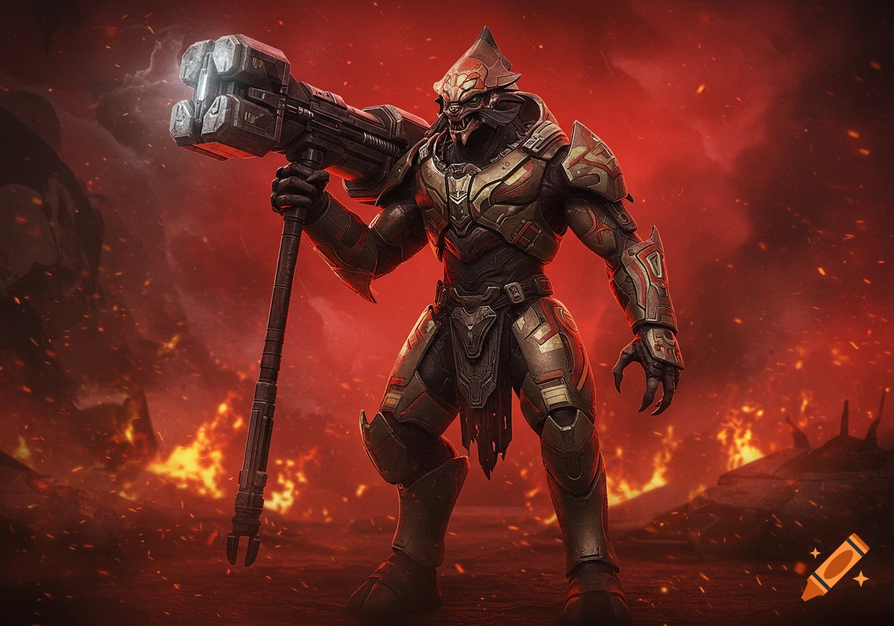 A powerful Halo Jiralhanae Chieftain in armor holds a gravity hammer against a fiery red battlefield.