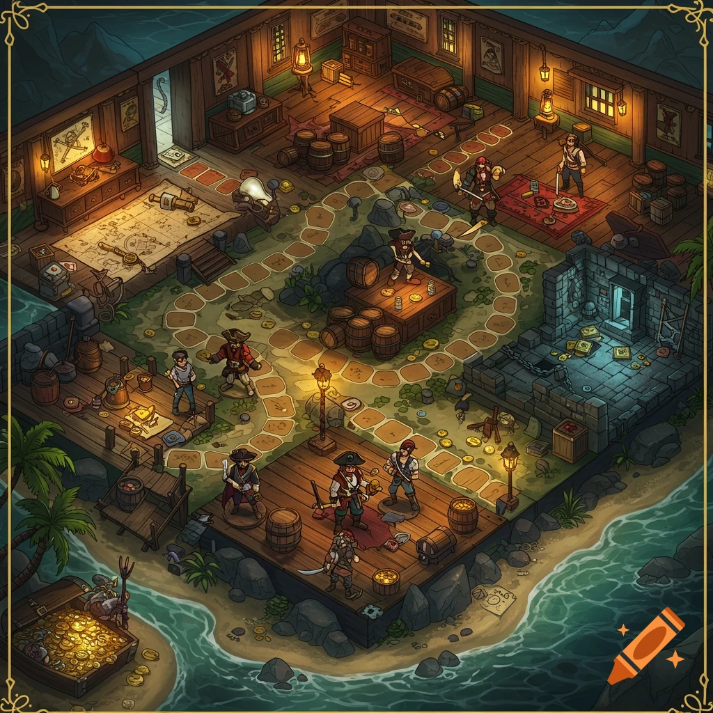 An isometric, cartoon-style pirate board game scene with pirates on docks and a map in a tavern, surrounded by water.