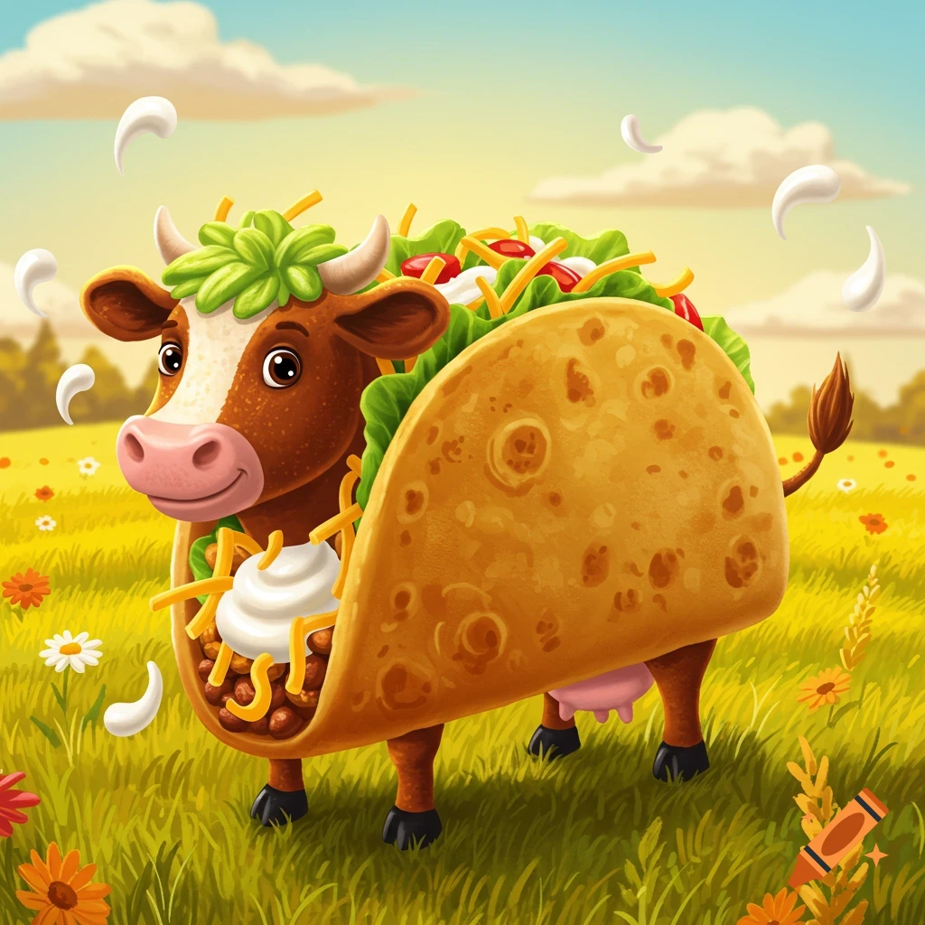 Cartoon cow inside a giant taco shell filled with ingredients, standing in a sunny grassy field.