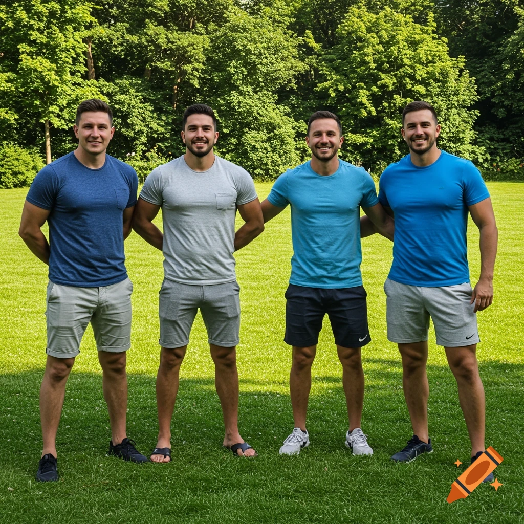Four men in t-shirts and shorts stand on a green lawn with trees in the background, smiling at the camera.