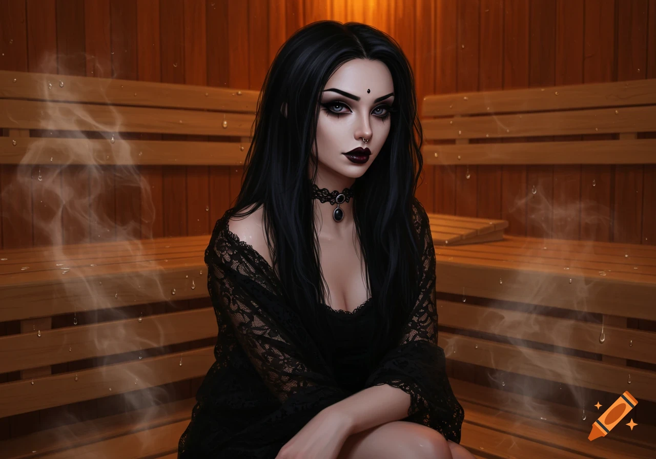 A stylized digital art portrait of a goth woman with long black hair and dark makeup, wearing a black lace top, sitting in a steamy wooden sauna.