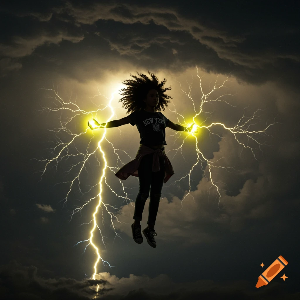 A girl with curly hair floats in a stormy sky, backlit by dramatic lightning, with yellow lightning shooting from her outstretched hands.