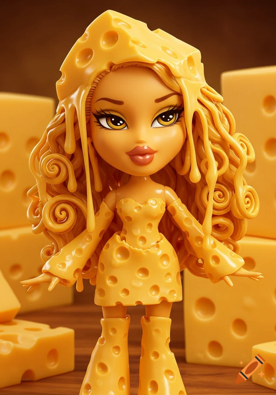 A Bratz-style doll with long curly hair and a dress made of cheddar cheese, standing amongst cheese blocks.