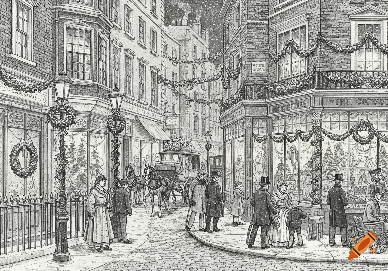 Line art drawing of a 19th-century London street scene at Christmas, with people, carriages, and decorated shops under falling snow.