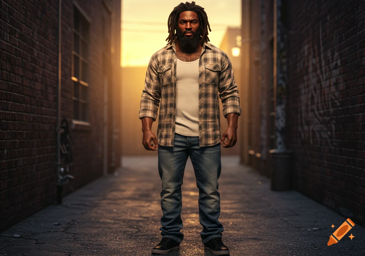 A photorealistic image of an African American man with dreadlocks and a beard, wearing a plaid shirt, standing in an urban alley at sunset.
