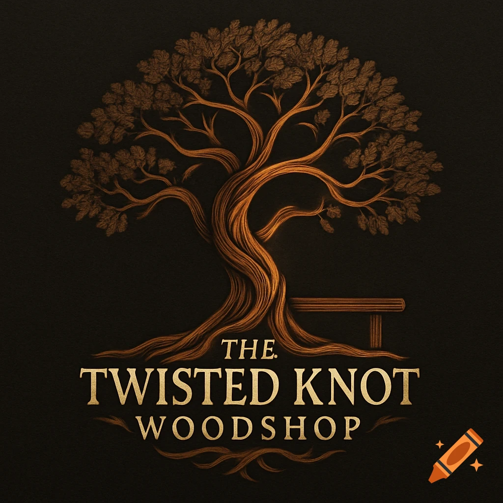 A golden logo for 'The Twisted Knot Woodshop' featuring a detailed, gnarled tree with a wooden bench, on a dark background.