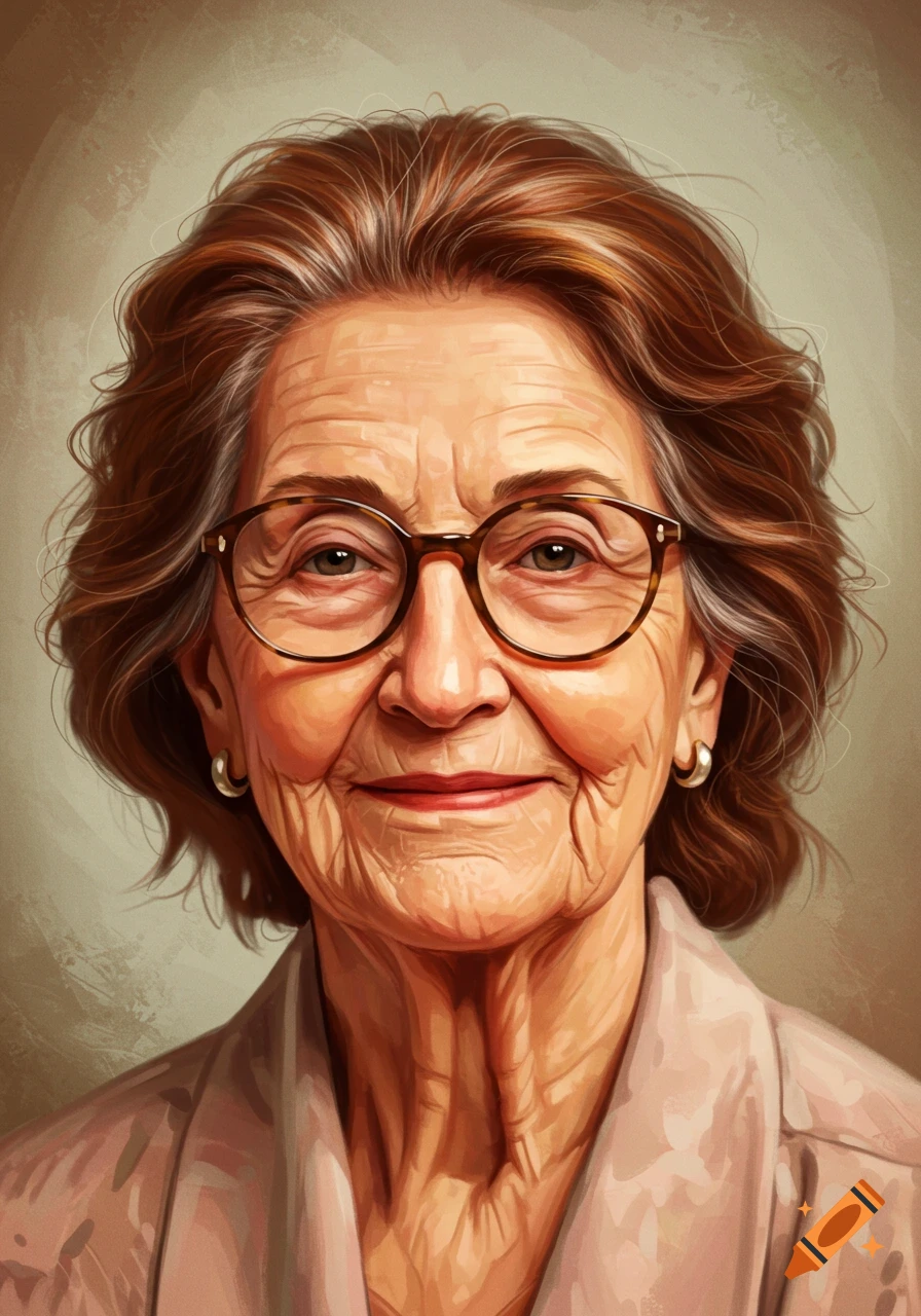 Digital painting portrait of a smiling elderly woman with brown hair and glasses.