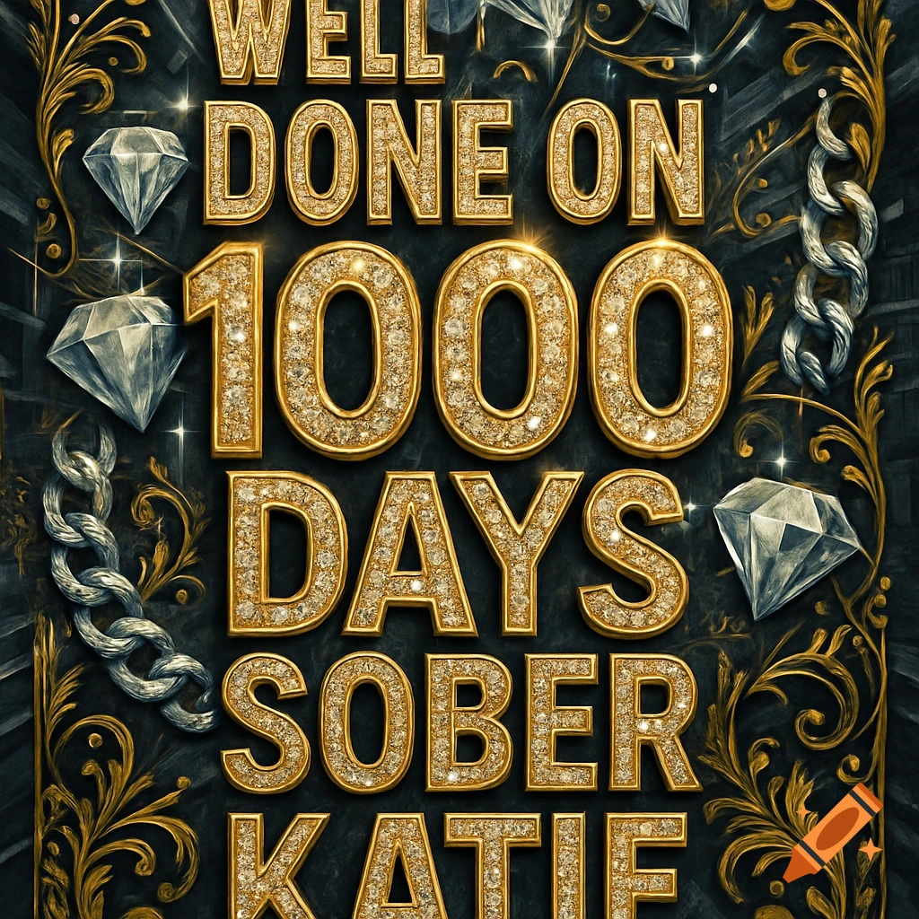 Bold, golden, diamond-encrusted text reads 'Well Done on 1000 Days Sober Katie', surrounded by decorative chains and filigree.