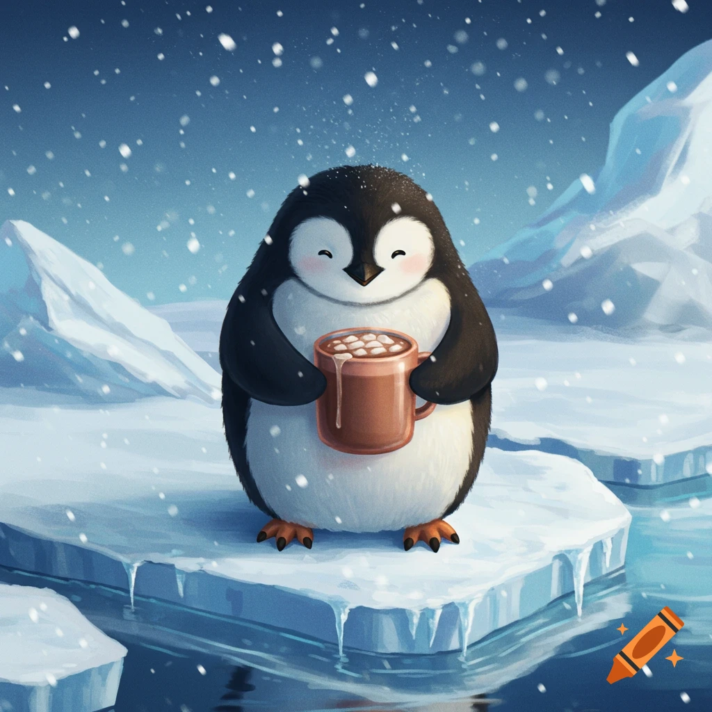 A cute cartoon penguin on an ice floe, happily holding a mug of hot cocoa with marshmallows in a snowy winter scene.