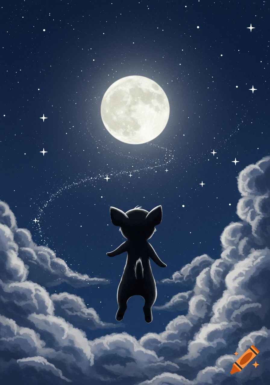 A silhouetted black dog with triangular ears floats towards a full moon in a starry night sky, surrounded by clouds.