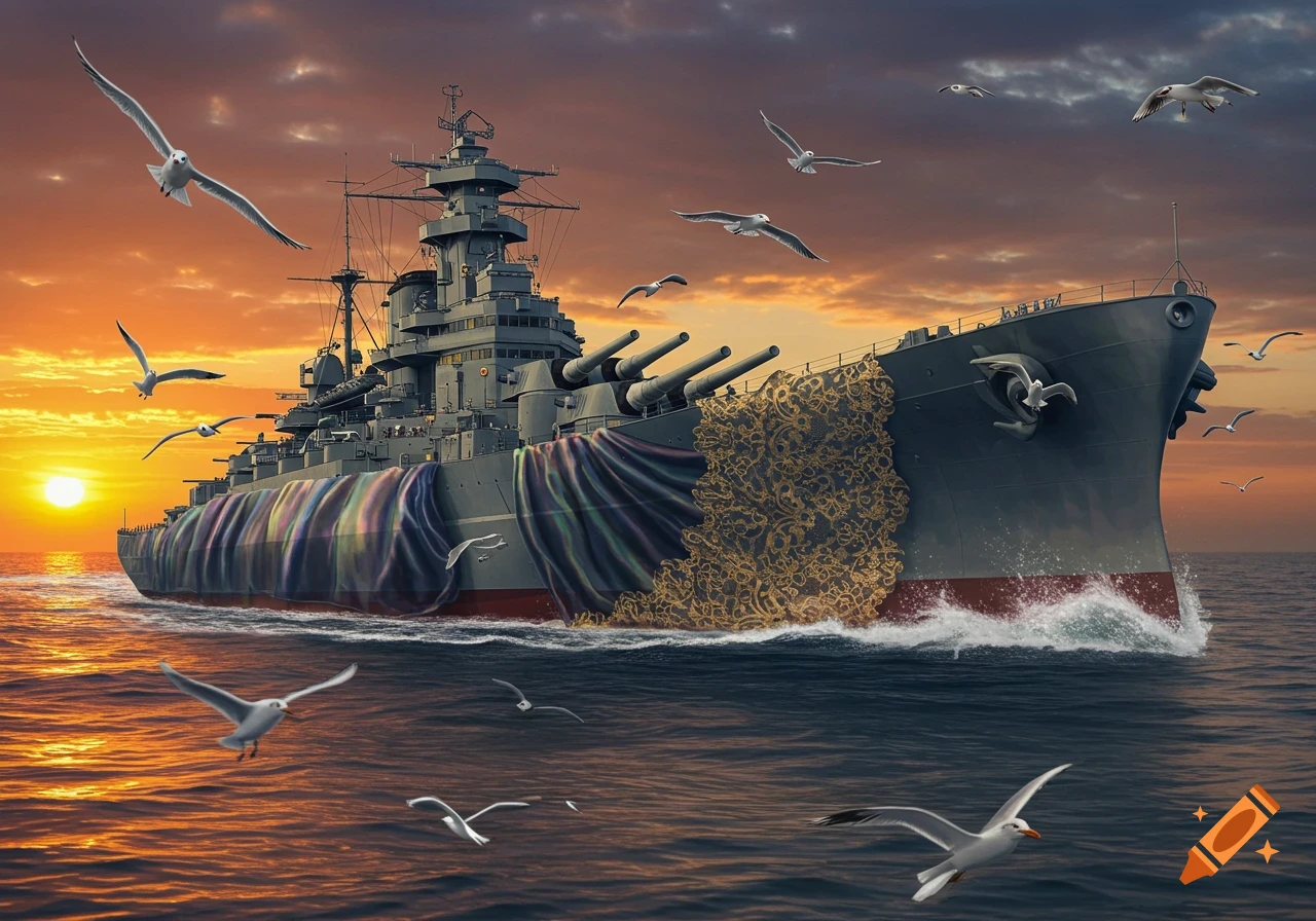 A battleship adorned with flowing fabric and gold patterns sails through the sea at sunset, surrounded by seagulls.
