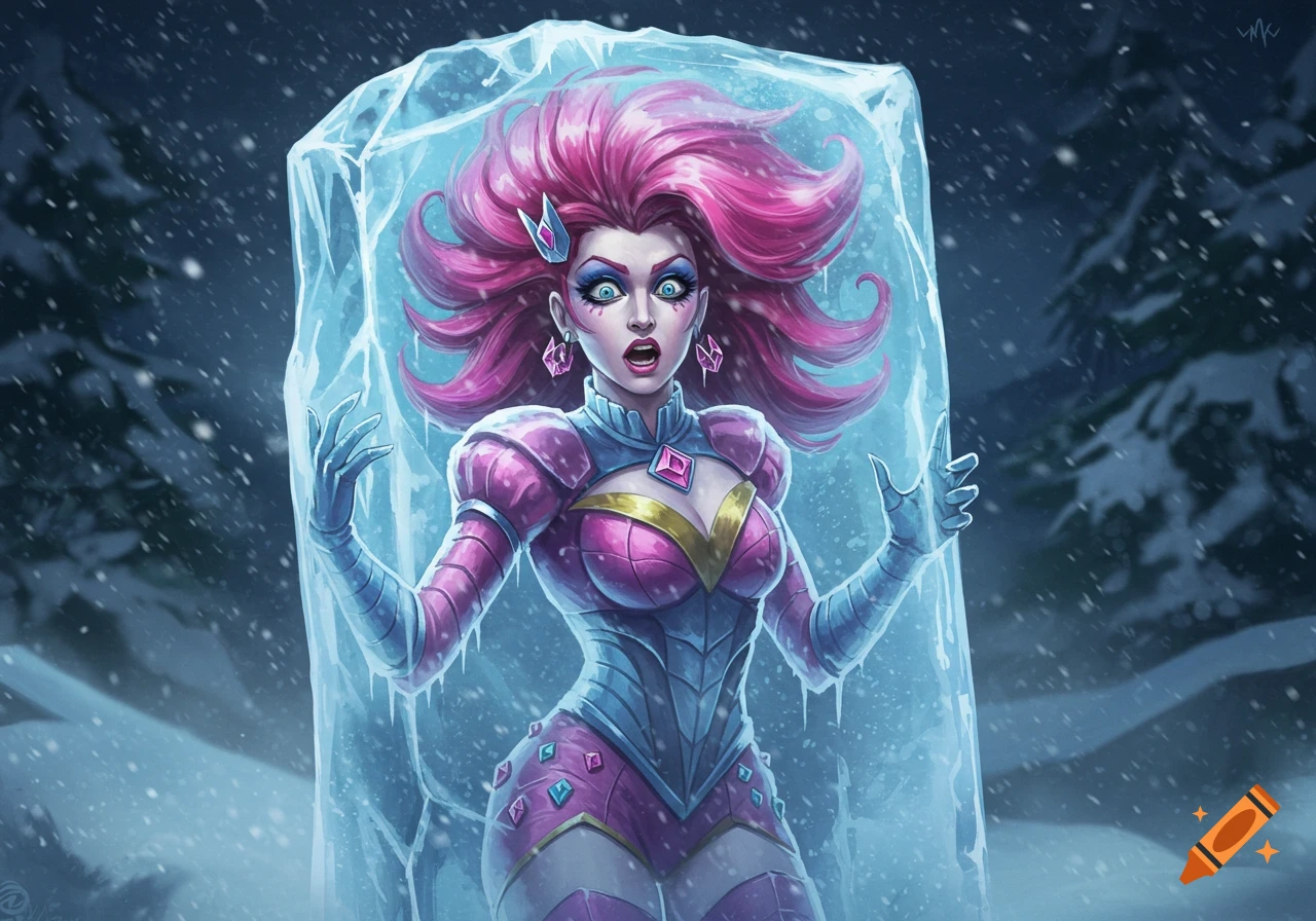 Miss Heed, a character with pink hair and a pink-and-blue outfit, frozen in a block of ice in a snowy scene, in a stylized cartoon art style.