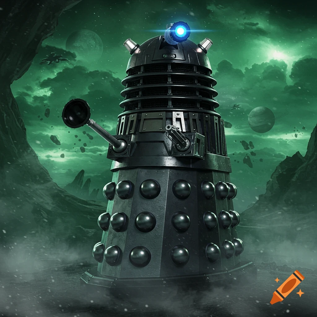 A black Dalek stands on a misty, green-tinged alien planet under a dark sky with moons and floating rocks.