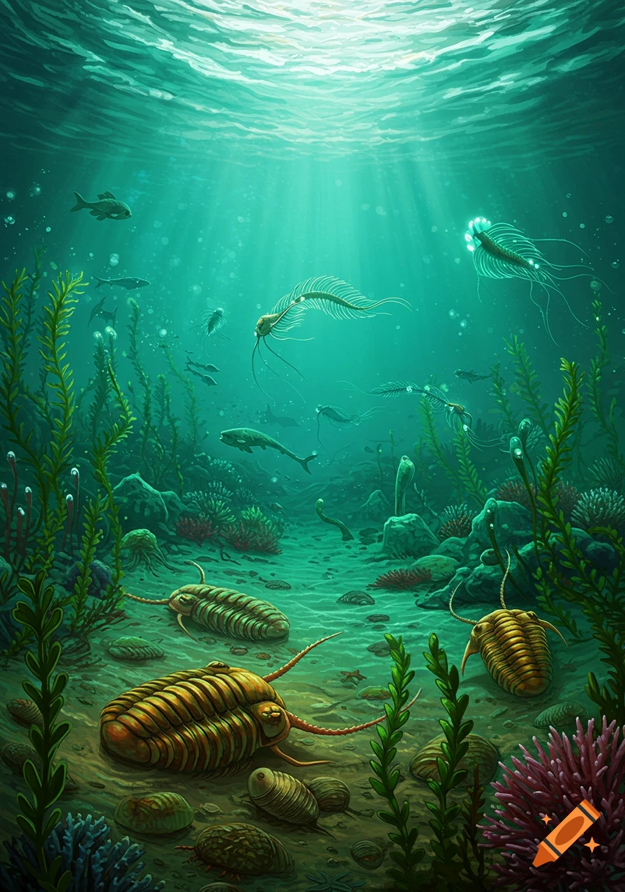 An underwater scene depicting the Cambrian period, with light rays filtering from above. Ancient marine creatures like trilobites, anomalocaris, and primitive fish swim among lush green seaweed and coral-like structures on the seafloor.