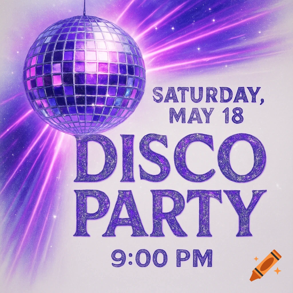 Glitzy disco party invitation with a purple disco ball, radiant light beams, and sparkling text for Saturday, May 18 at 9:00 PM.