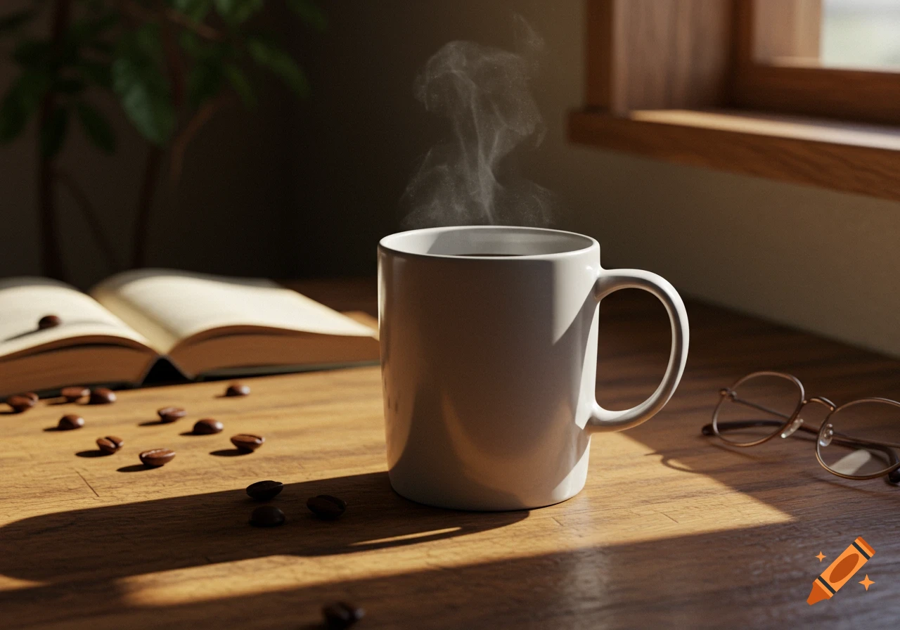 A steaming white coffee mug sits on a wooden table next to scattered coffee beans, an open book, and reading glasses, lit by warm sunlight.
