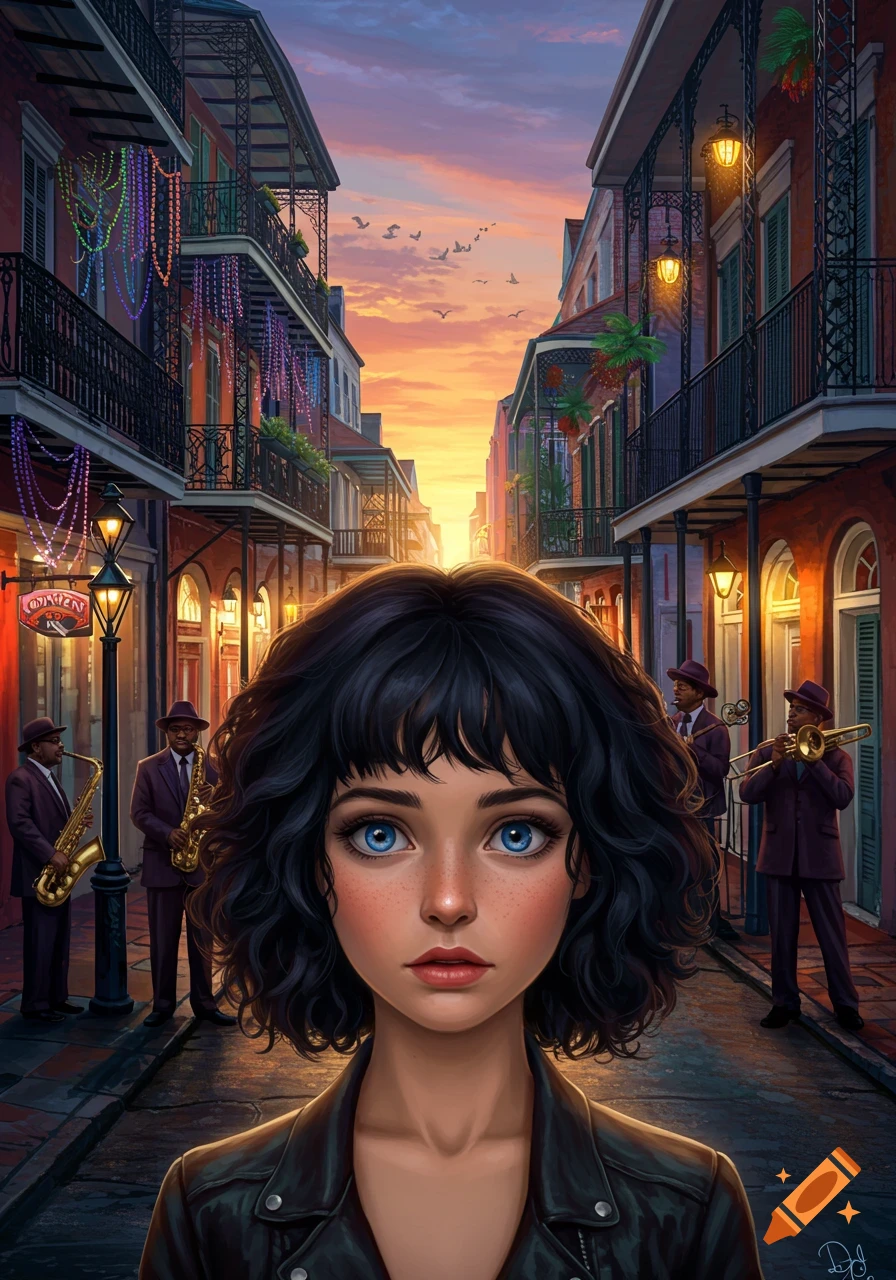 A stylized young woman with short black curly hair and blue eyes stands on a vibrant New Orleans street at sunset with jazz musicians in the background.