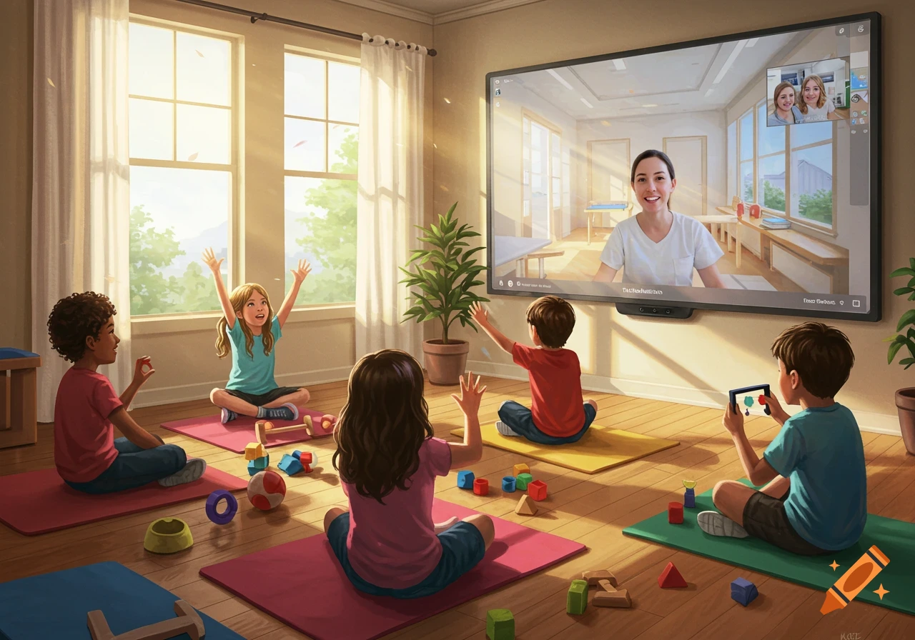 Children sit on mats in a sunny room, participating in a virtual rehabilitation session with an instructor on a large screen.