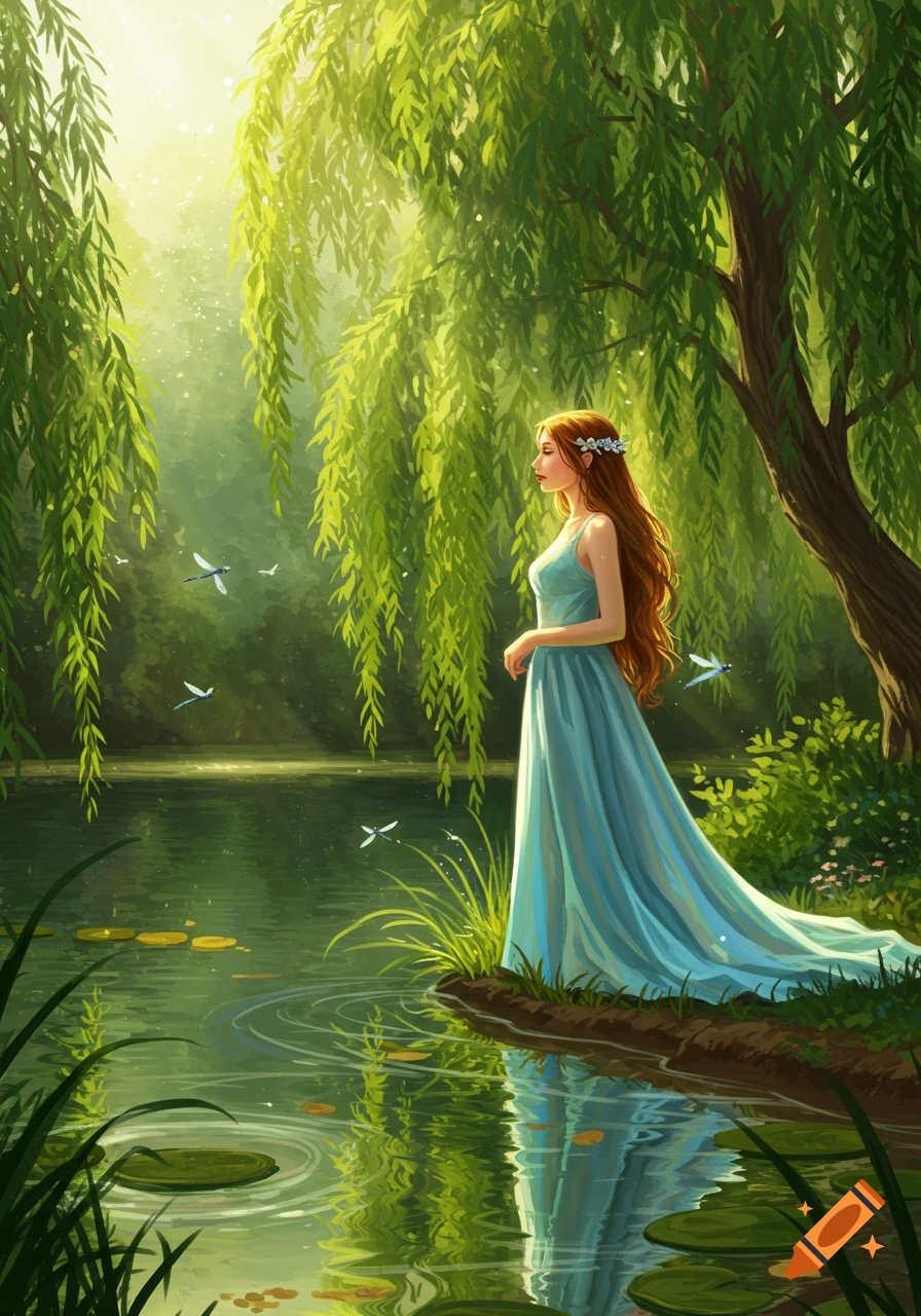 An illustrated fantasy scene of a woman with long red hair in a blue dress standing by a pond under weeping willow trees with dragonflies flying around.