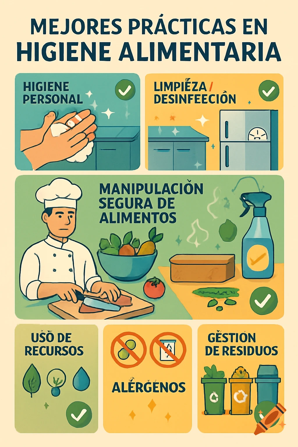 An infographic illustrating best practices for food hygiene, covering personal hygiene, cleaning, food handling, resource use, allergens, and waste management, with cartoon illustrations.